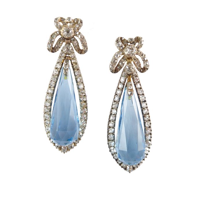 Pair of antique aquamarine briolette and diamond cluster drop earrings, c.1890, with earlier diamond ribbon bow tops, | MasterArt